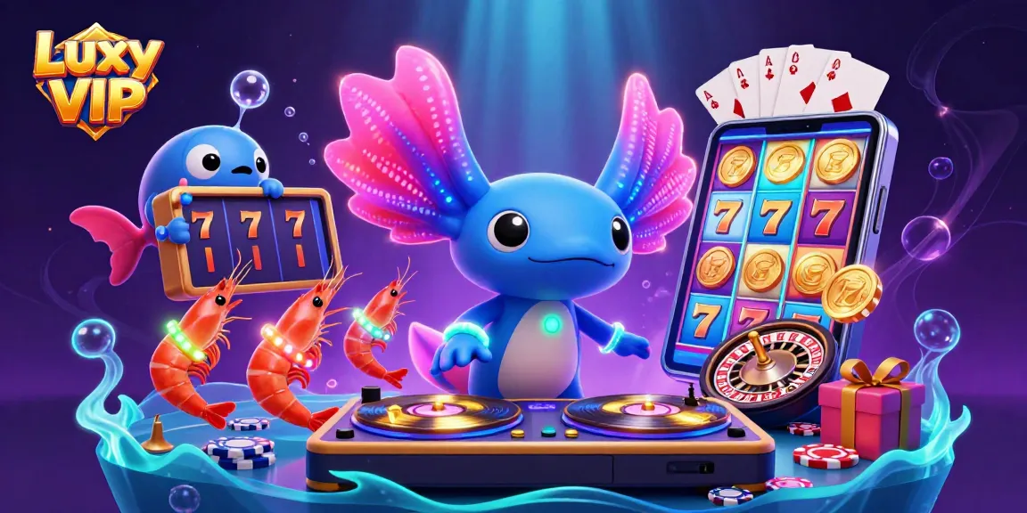 Engage with Luxy VIP's dynamic slots experience featuring a vibrant axolotl DJ and colorful games.