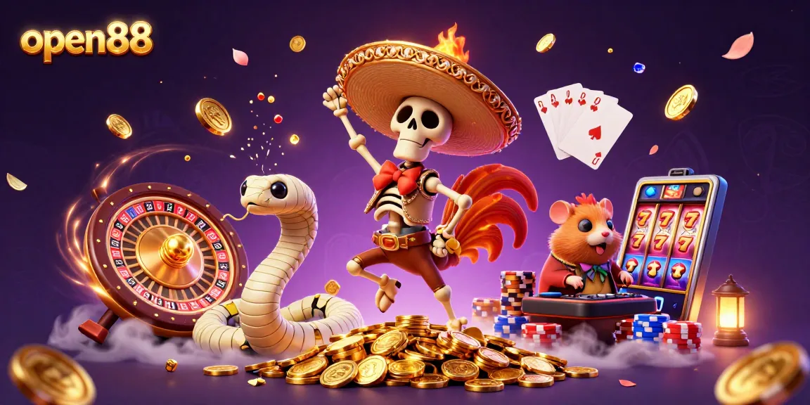 Experience thrilling games at open88 with vibrant characters, coins, and casino elements.